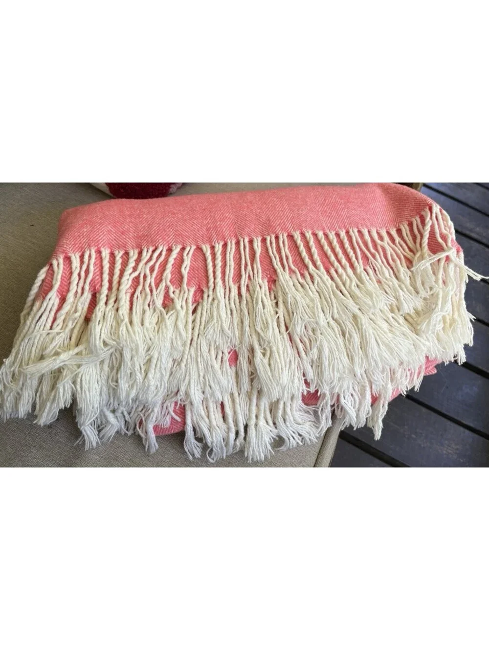 VTG Lands Downunder Pink Herringbone Throw Blanket Italy Fringe 50x53” Cashmere